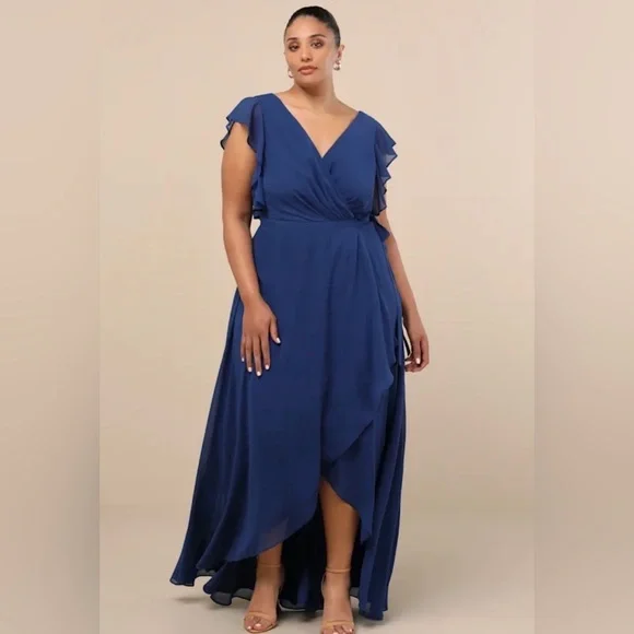 Lulu’s Ravishing Charm Dark Blue Ruffled Wrap High-Low Maxi Dress - Picture 5 of 15